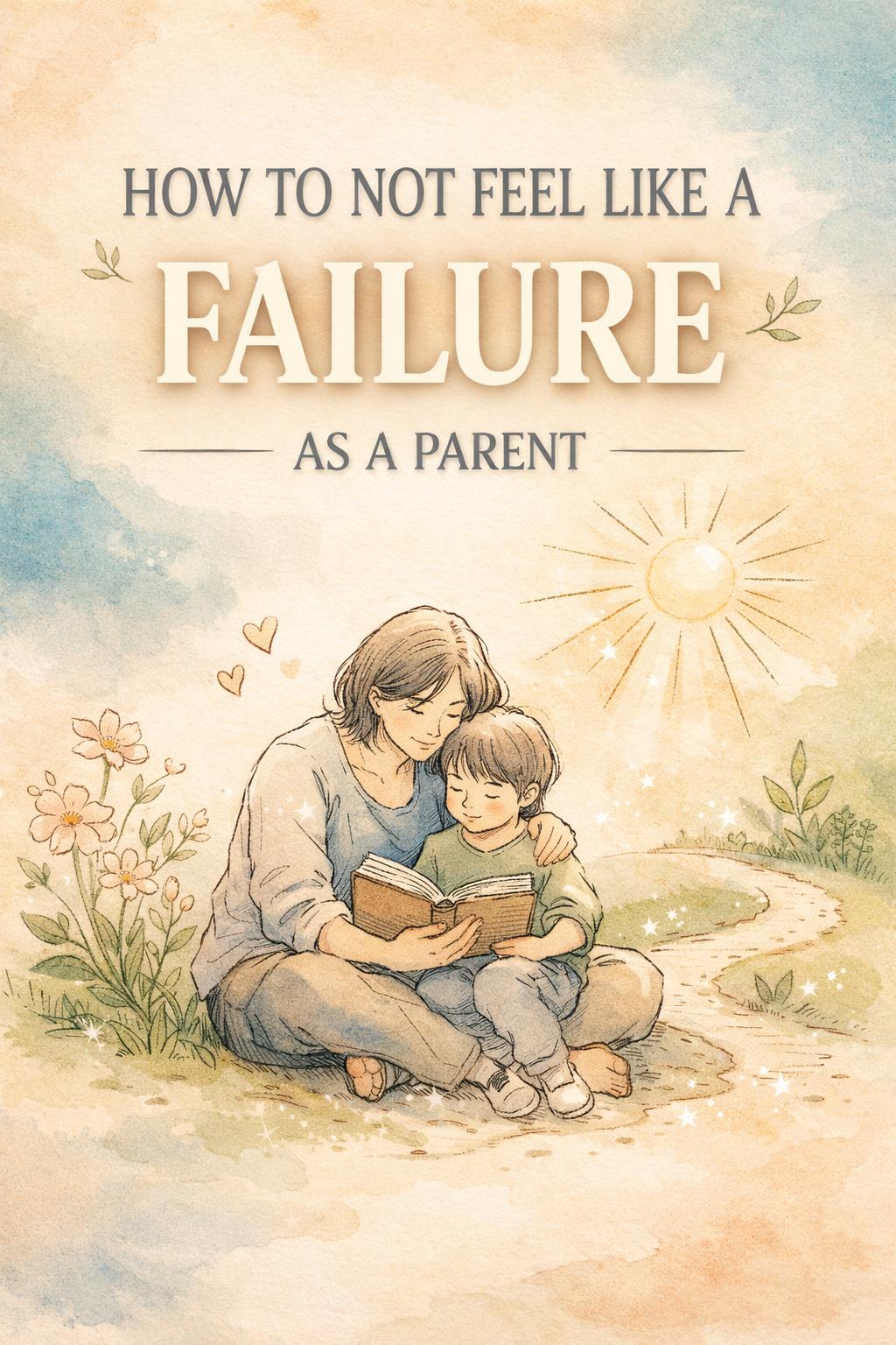 Mother and child sit on the ground outdoors, reading a book together under a sunny, pastel sky; title reads 'How to Not Feel Like a Failure as a Parent'.