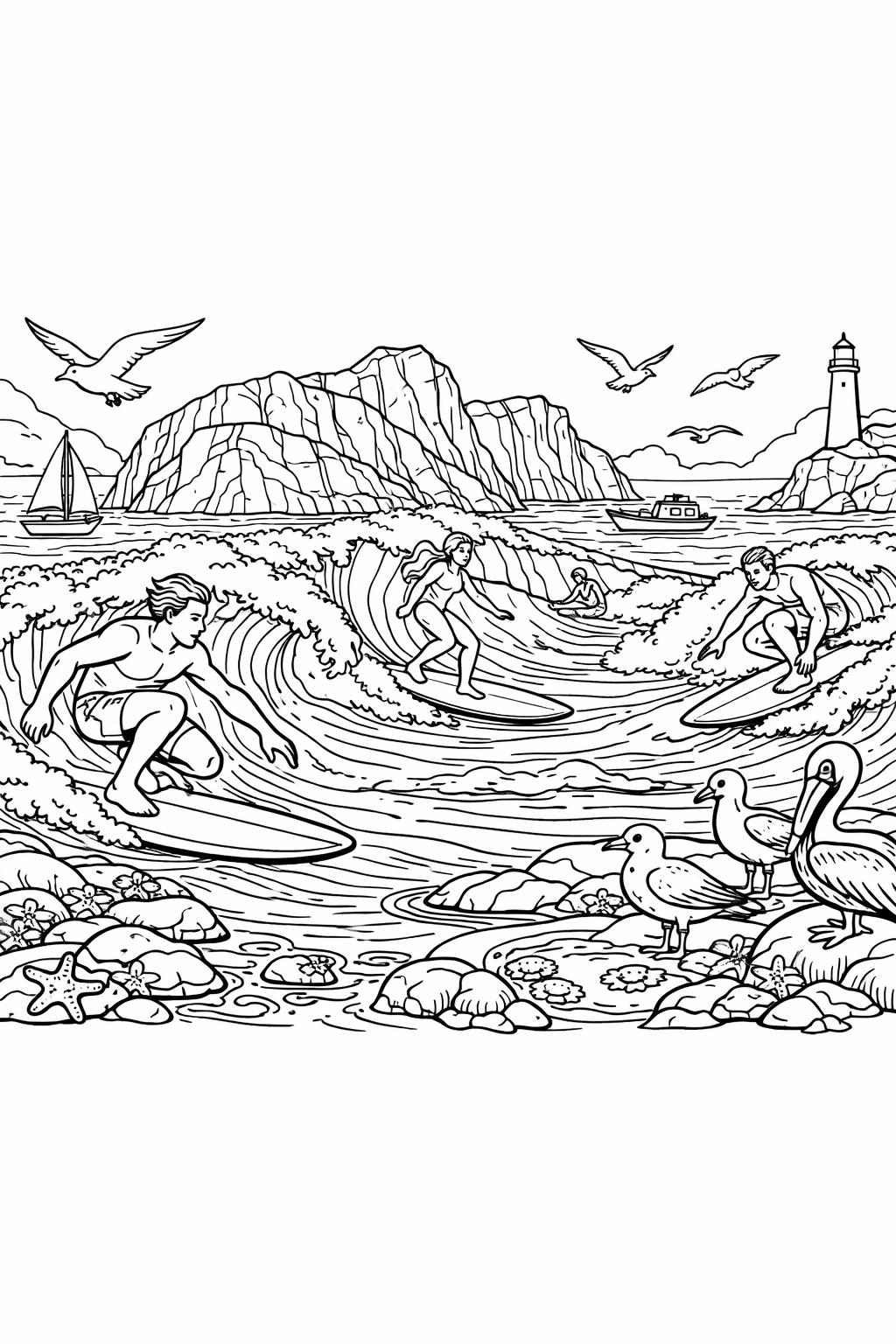 artistic surfing coloring page | creative wave artwork | decorative coloring design