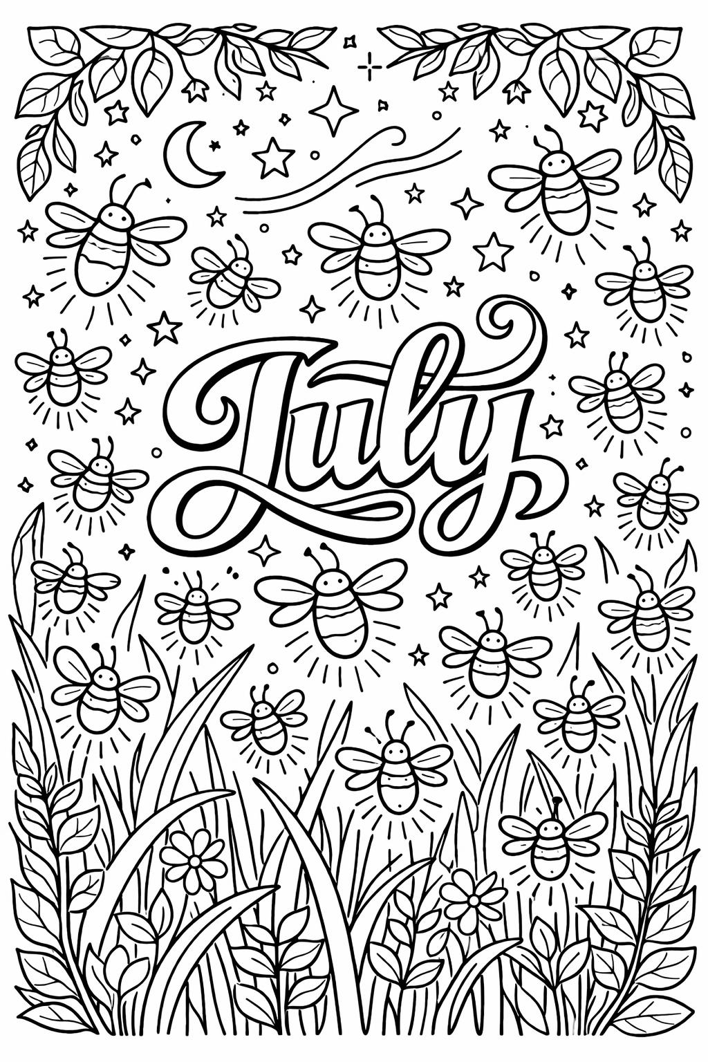 Coloring page featuring bees buzzing around flowers and the word 'July' in decorative script, with leaves and stars in a garden scene.
