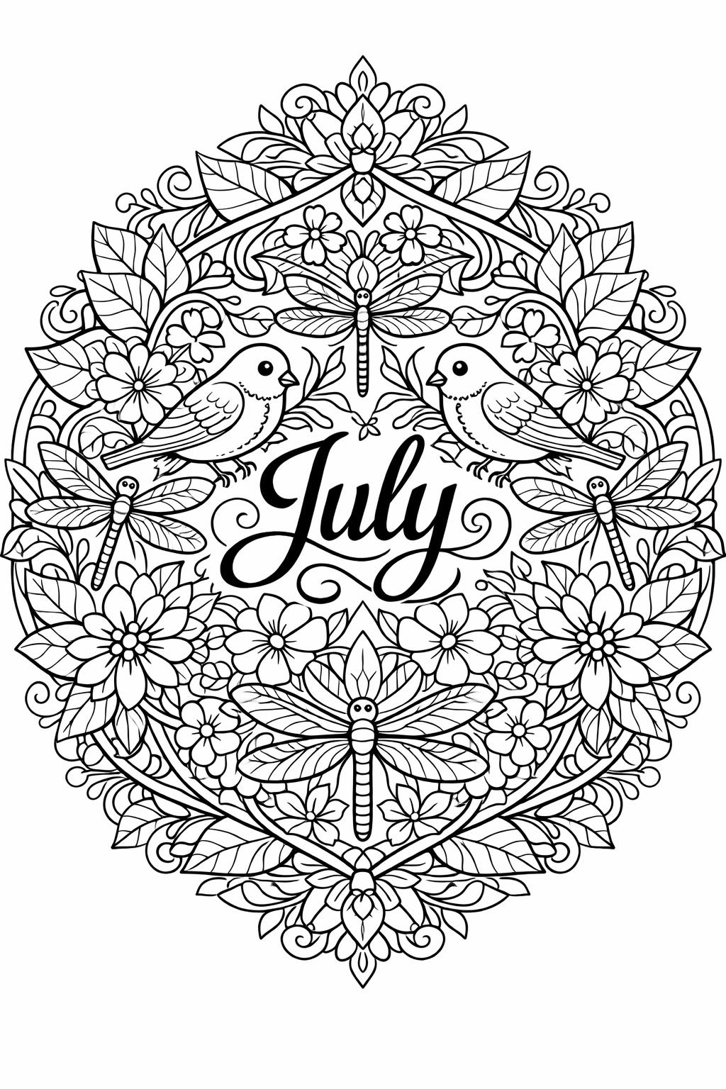 Intricate circular floral mandala with two birds, dragonflies, and the word July in script.