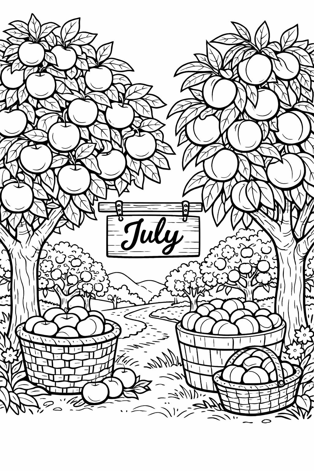 Coloring-page scene with two apple trees, baskets of apples, and a wooden sign that says July between them.