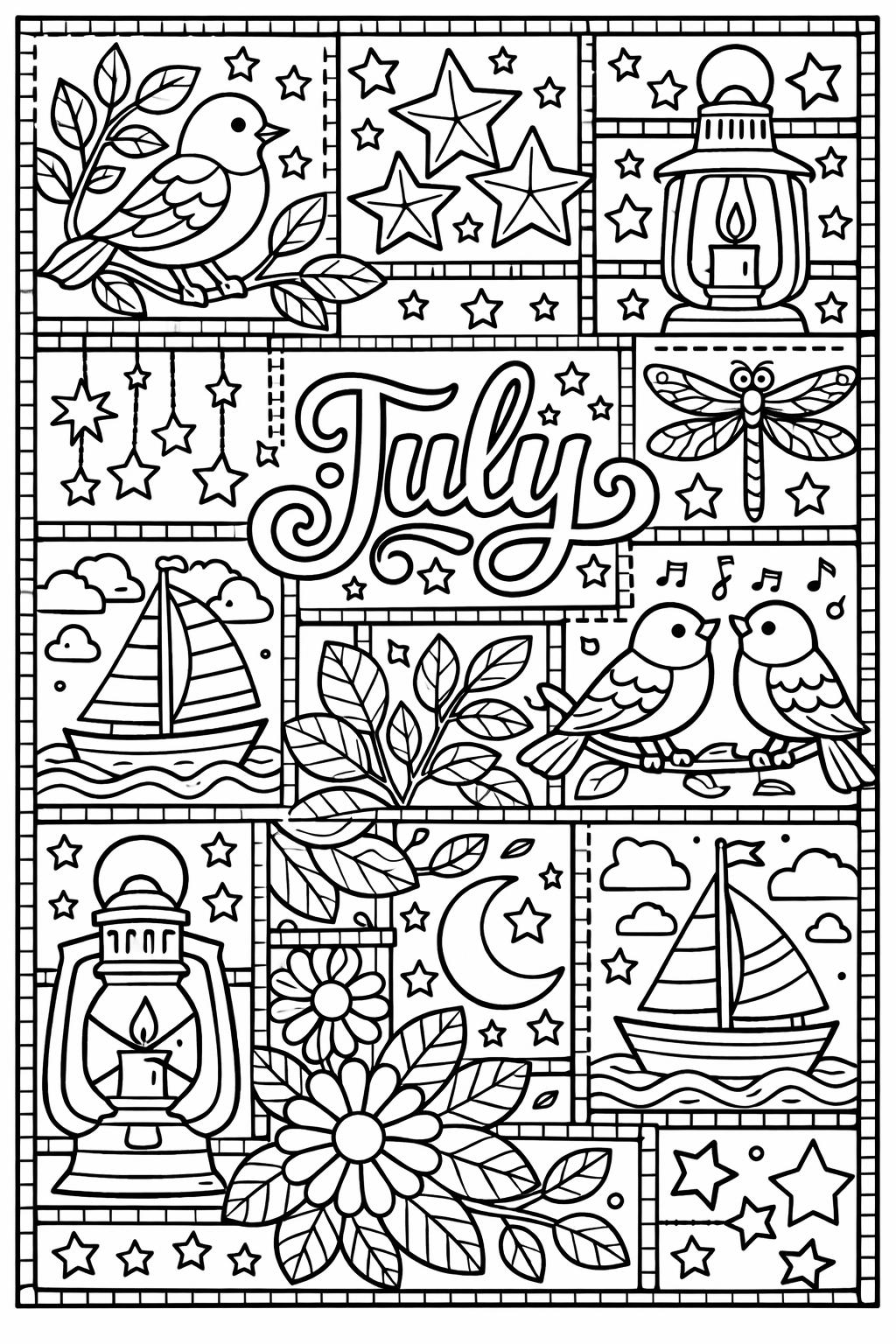 July calendar coloring page | monthly planner illustration | seasonal coloring sheet