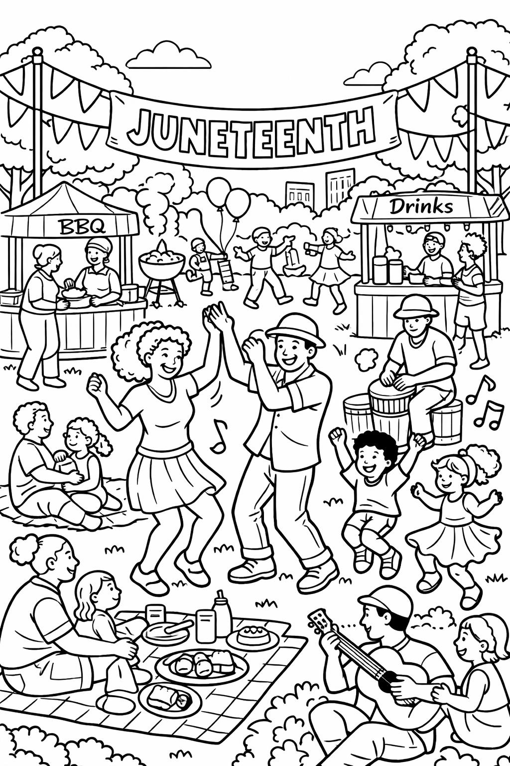 family celebration coloring page | Juneteenth gathering scene | joyful holiday artwork