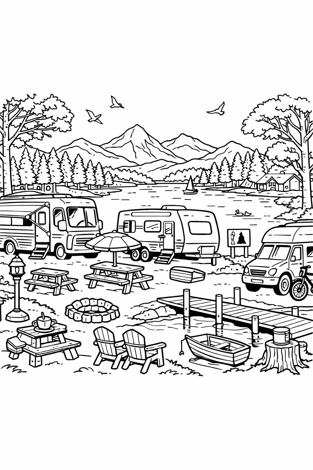 fishing campsite coloring page | outdoor recreation artwork | relaxing nature page
