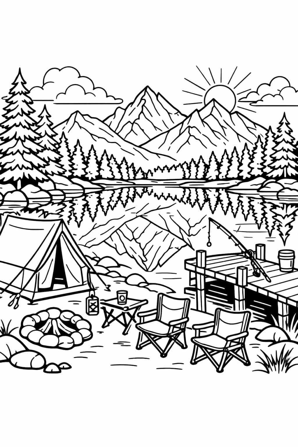 camping landscape coloring page | scenic wilderness artwork | relaxing coloring sheet