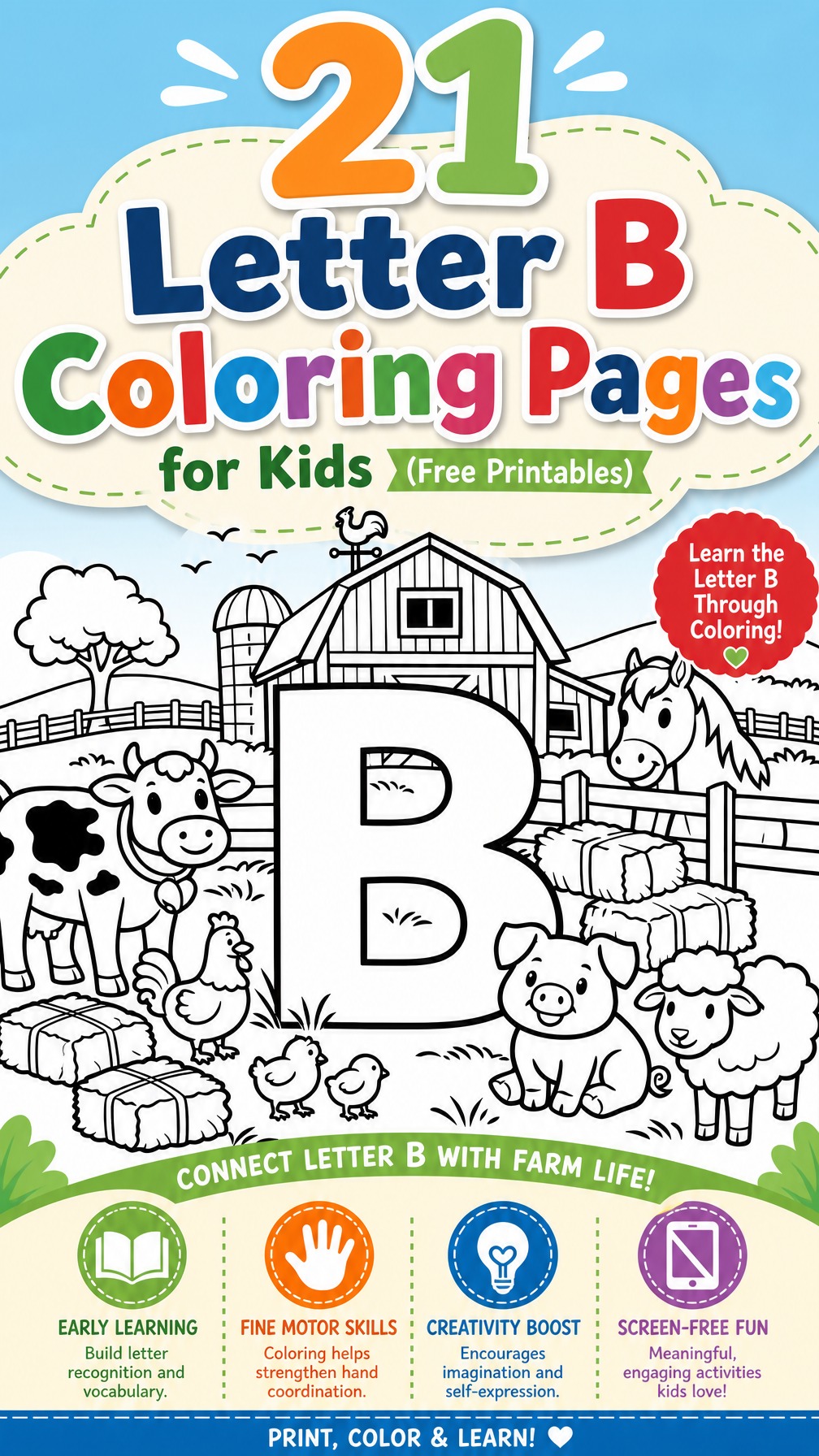 letter B coloring page | alphabet learning worksheet | printable kids activity