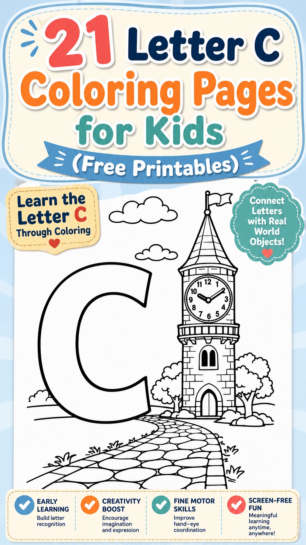 letter C coloring page | alphabet learning worksheet | printable kids activity