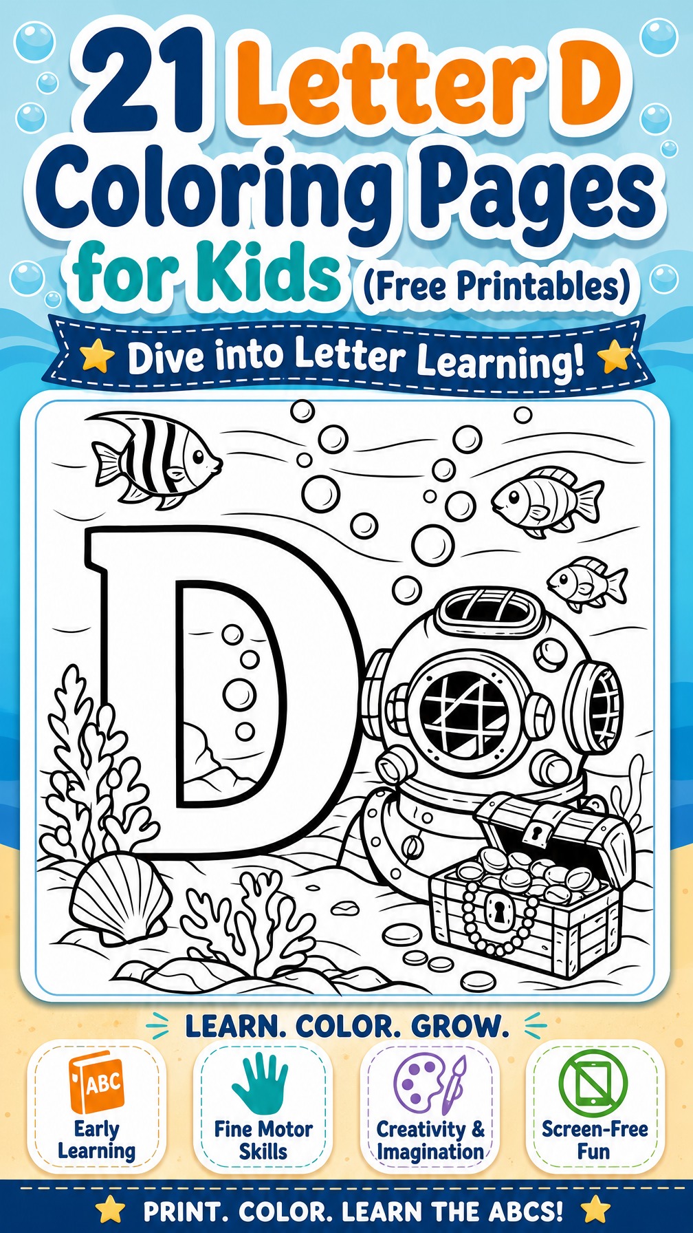 letter D coloring page | alphabet learning worksheet | printable kids activity
