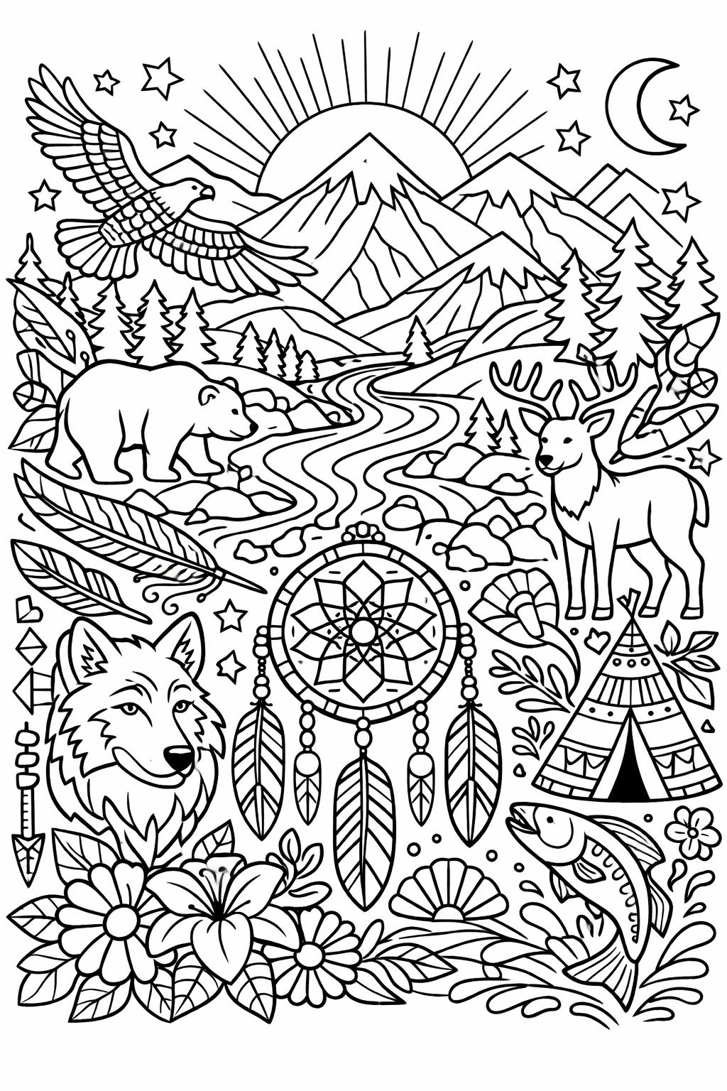 nature scene coloring page | outdoor cultural landscape | relaxing coloring artwork