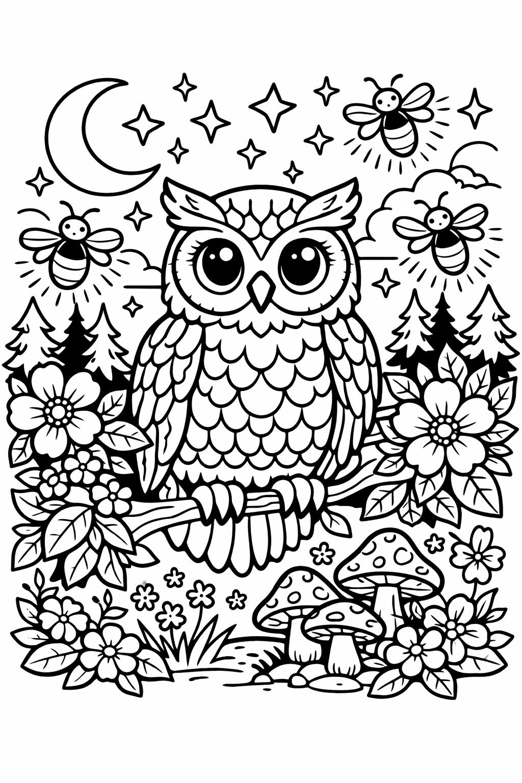 owl line art coloring page | clean owl outline | simple coloring sheet
