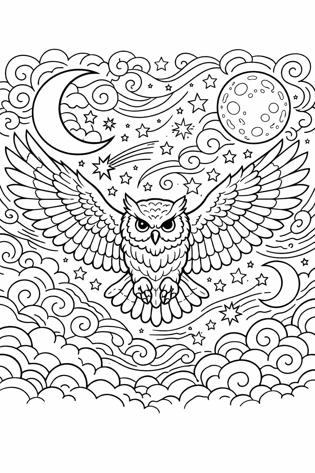 fantasy owl coloring page | magical owl illustration | whimsical artwork