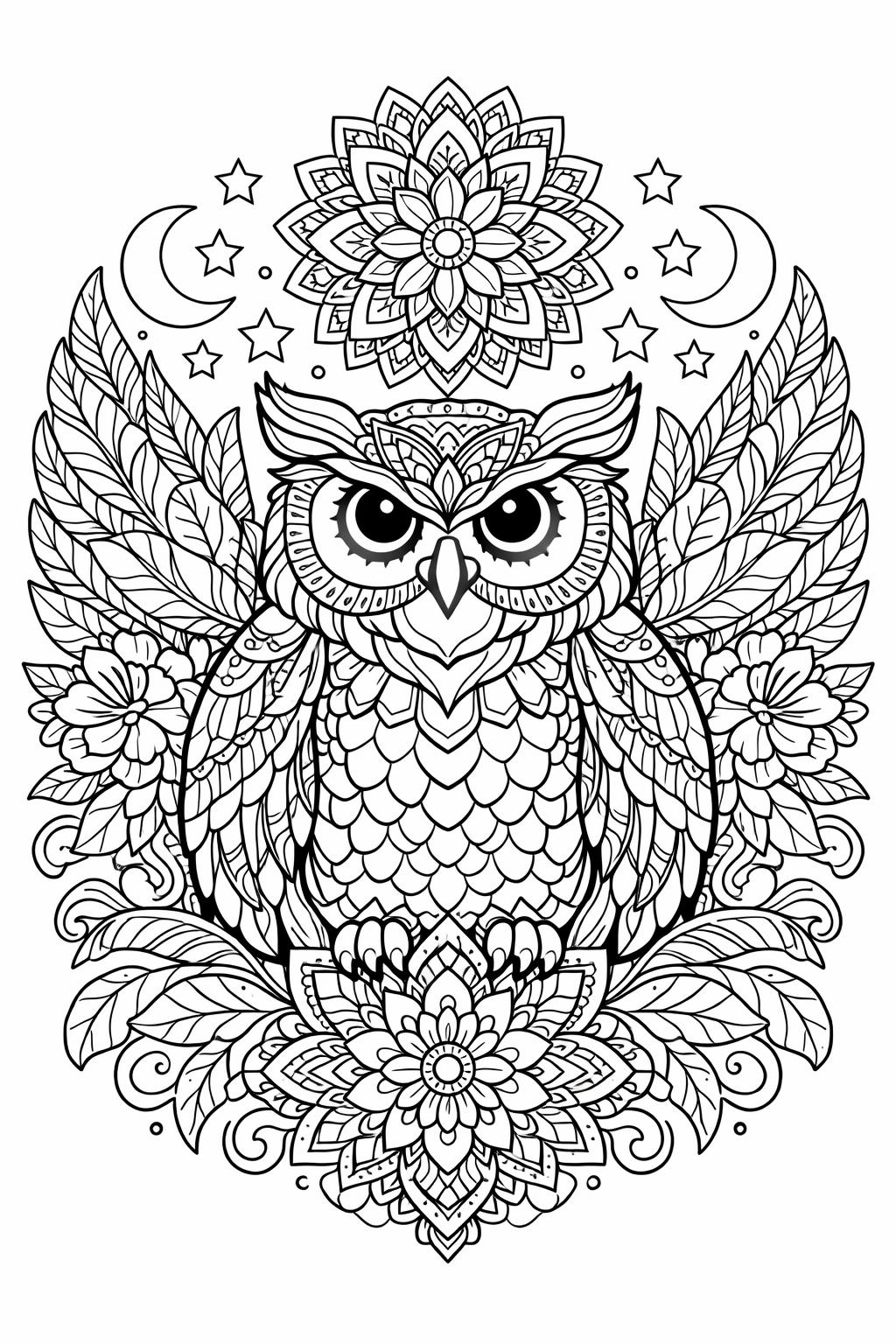owl and moon coloring page | nighttime owl scene | relaxing nature design