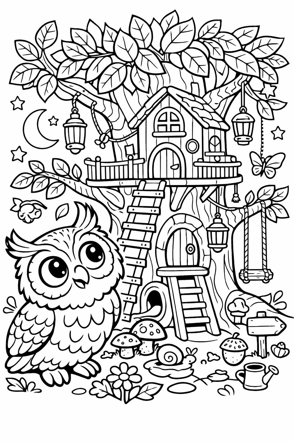 owl on branch coloring page | perched owl illustration | nature artwork