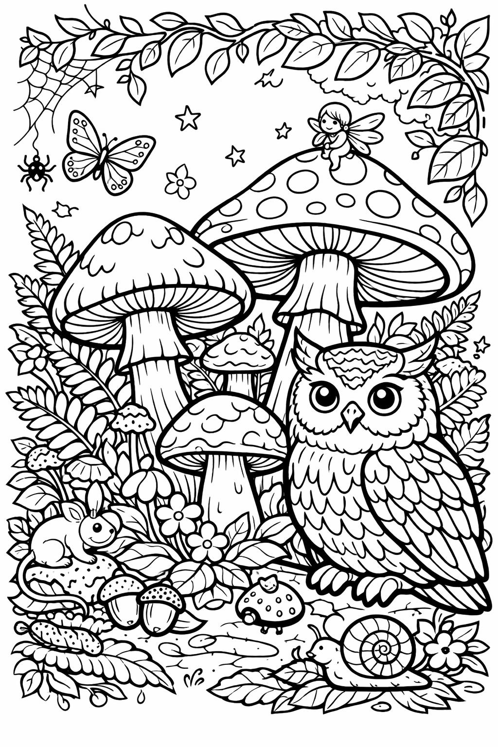 owl landscape coloring page | scenic woodland owl | relaxing nature artwork