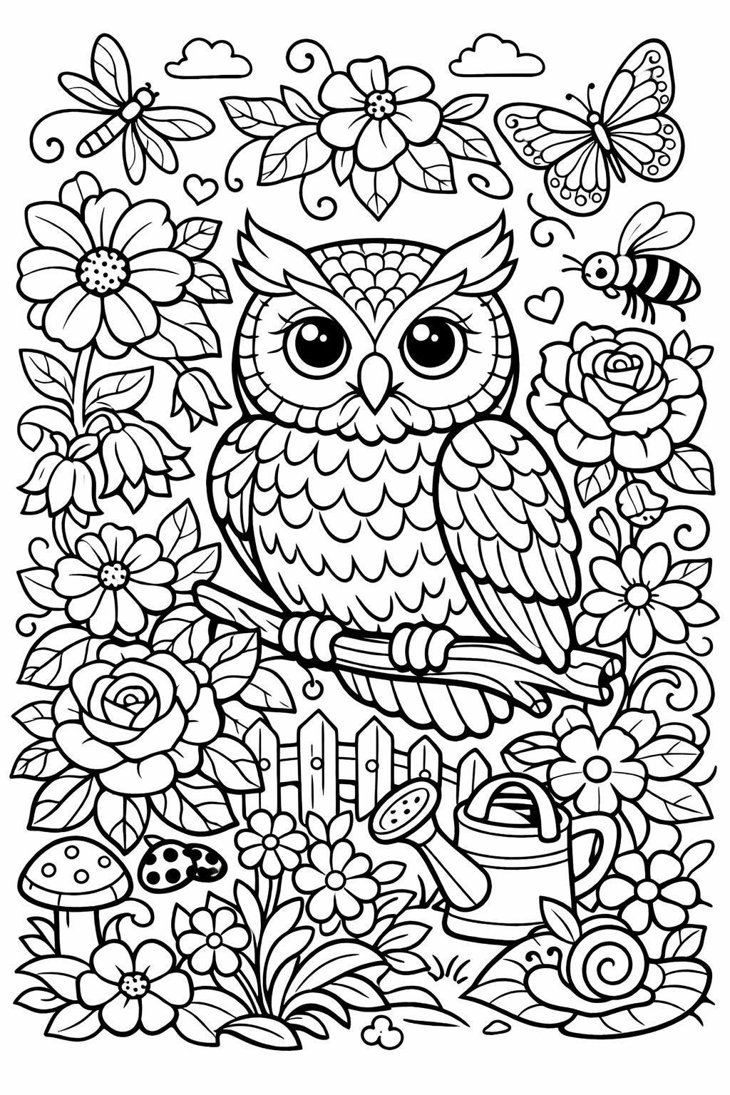 forest owl coloring page | woodland bird illustration | peaceful outdoor artwork