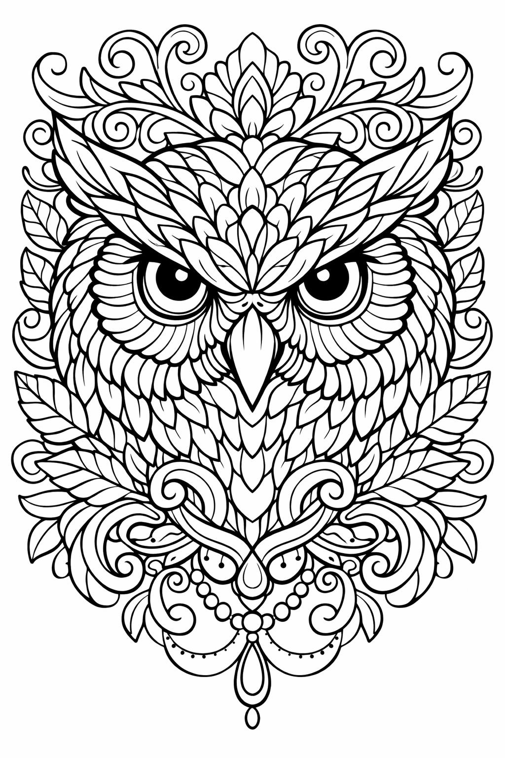 Intricate black-and-white drawing of a front-facing owl with ornate leaves, swirls, and decorative details for coloring.