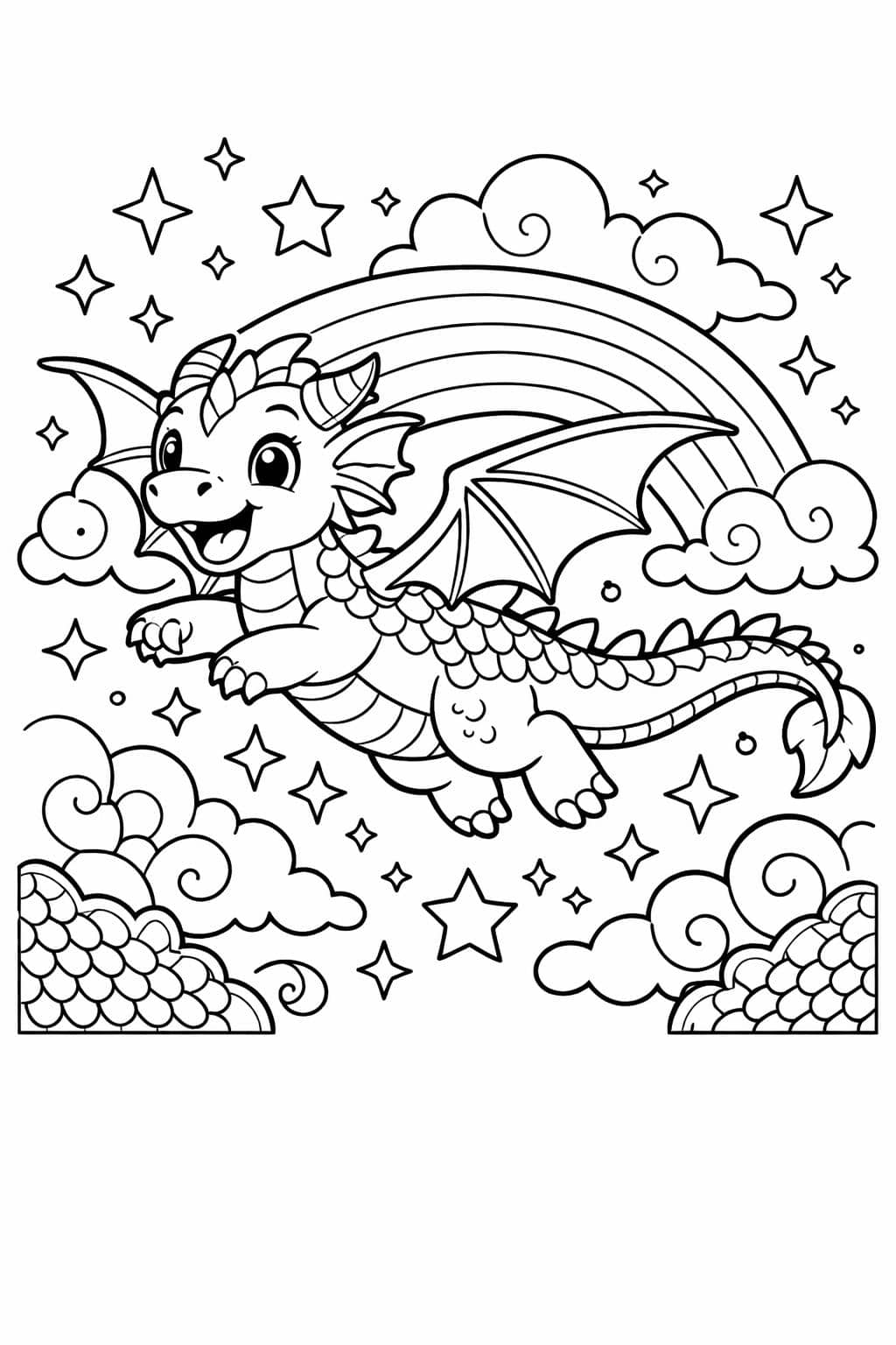 rainbow fairy coloring page | whimsical fantasy illustration | magical coloring page