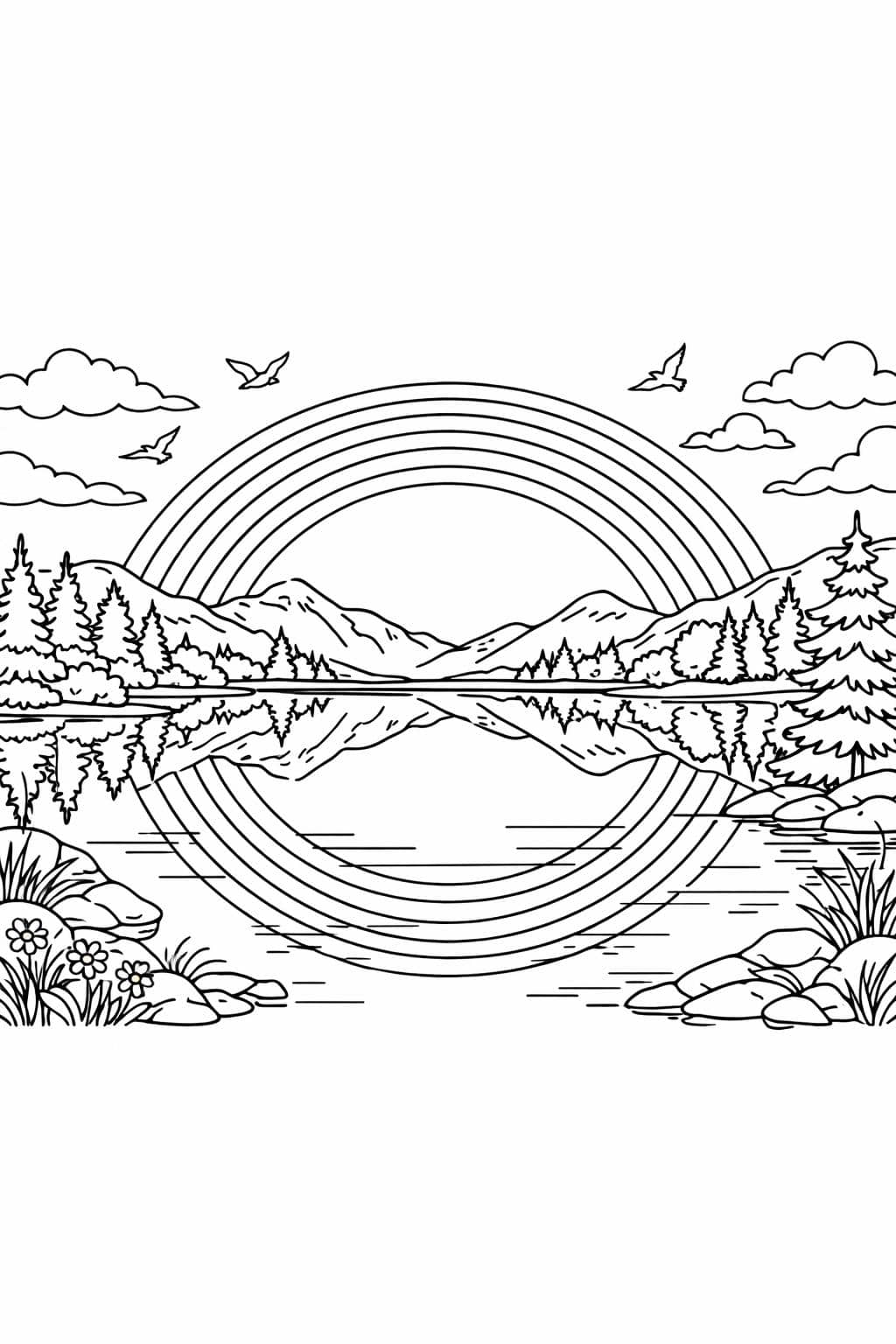 rainbow garden coloring page | flowers and rainbow scene | cheerful nature page