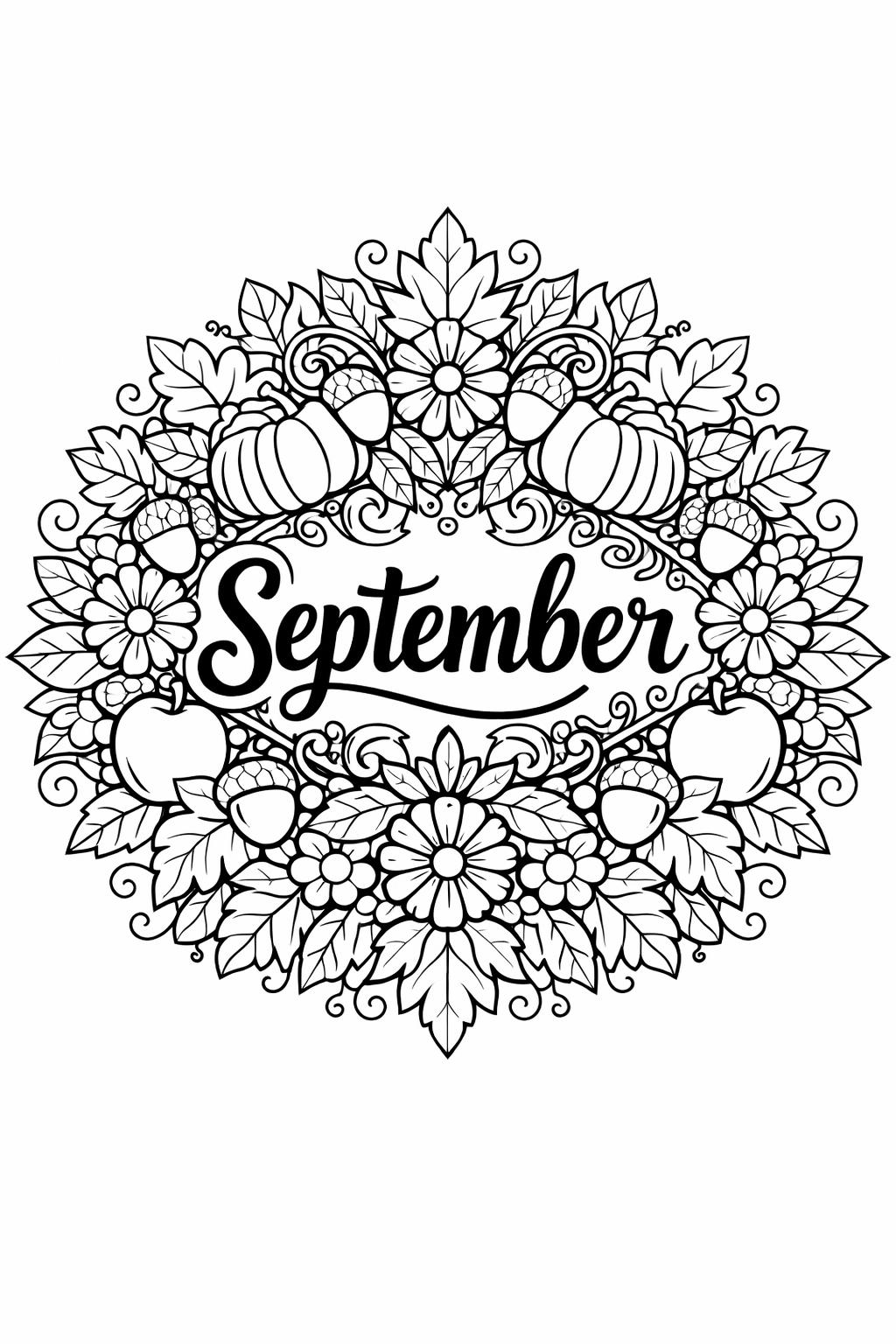 nature in September page | seasonal outdoor illustration | relaxing coloring sheet