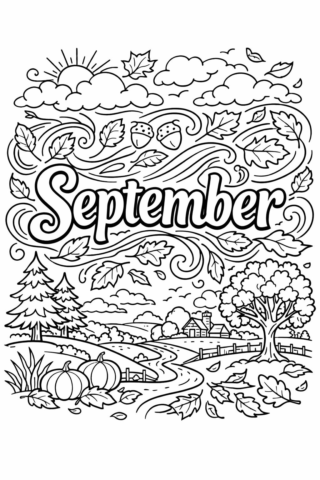 apple orchard coloring page | harvest landscape scene | cozy autumn artwork