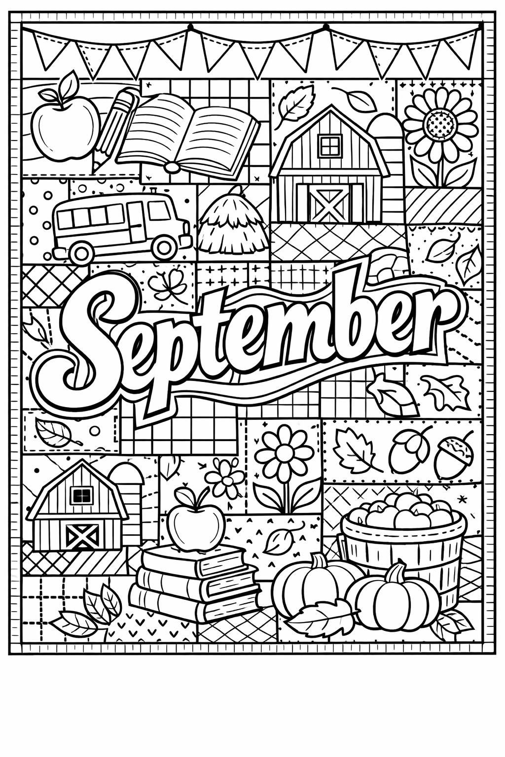 Coloring page with a September harvest theme: pumpkins, apples, books, school bus, barn, sunflower, harvest basket, leaves, and the large word September across the center.