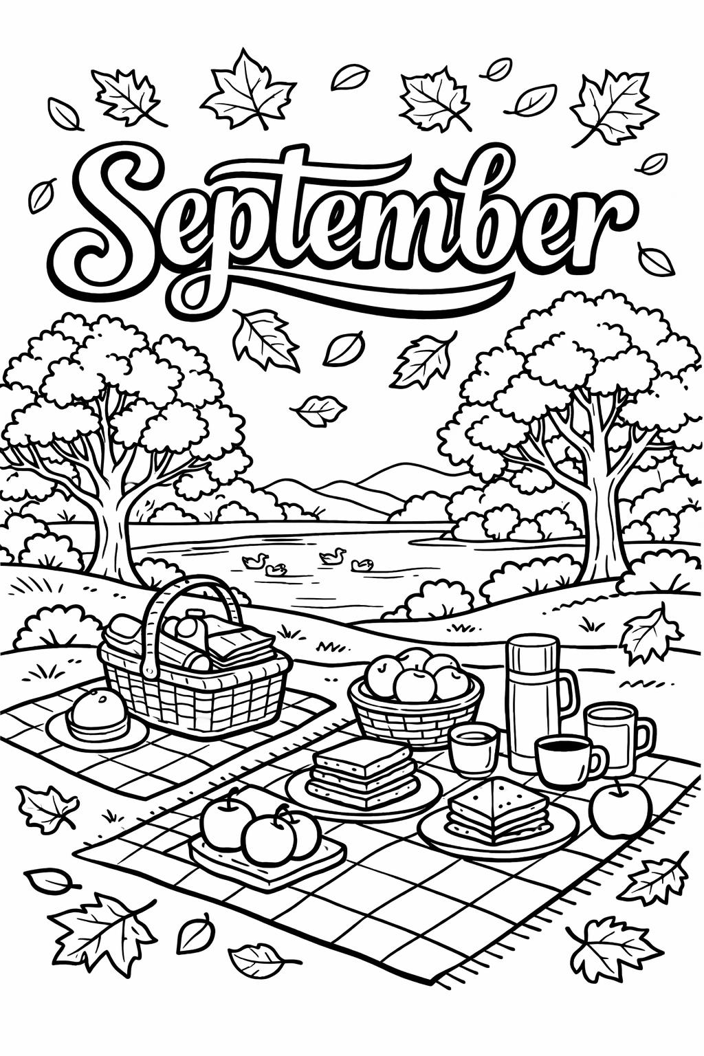 September garden coloring page | autumn nature illustration | peaceful outdoor design