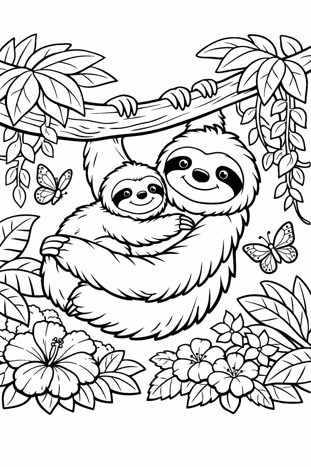 tropical sloth coloring page | jungle sloth illustration | nature themed artwork