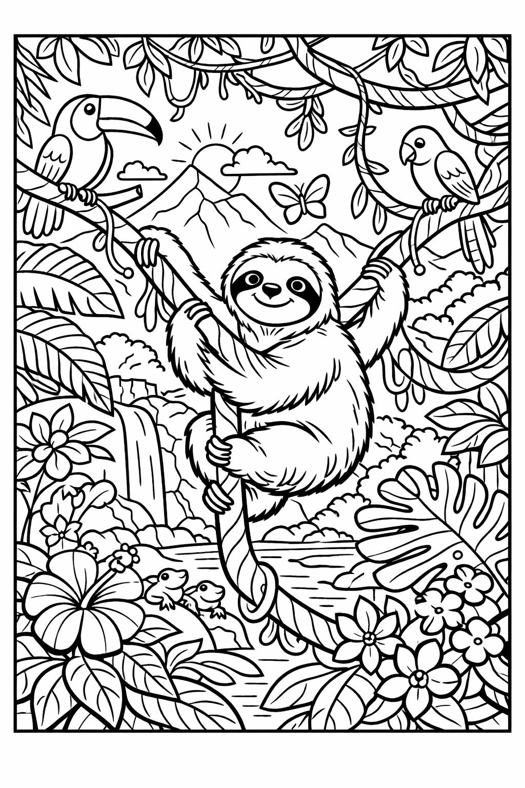 sloth and leaves coloring page | tropical nature artwork | relaxing coloring page