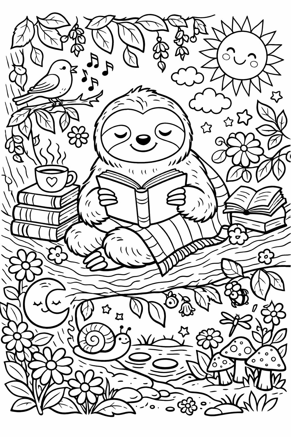 sloth on tree coloring page | hanging sloth illustration | nature coloring page