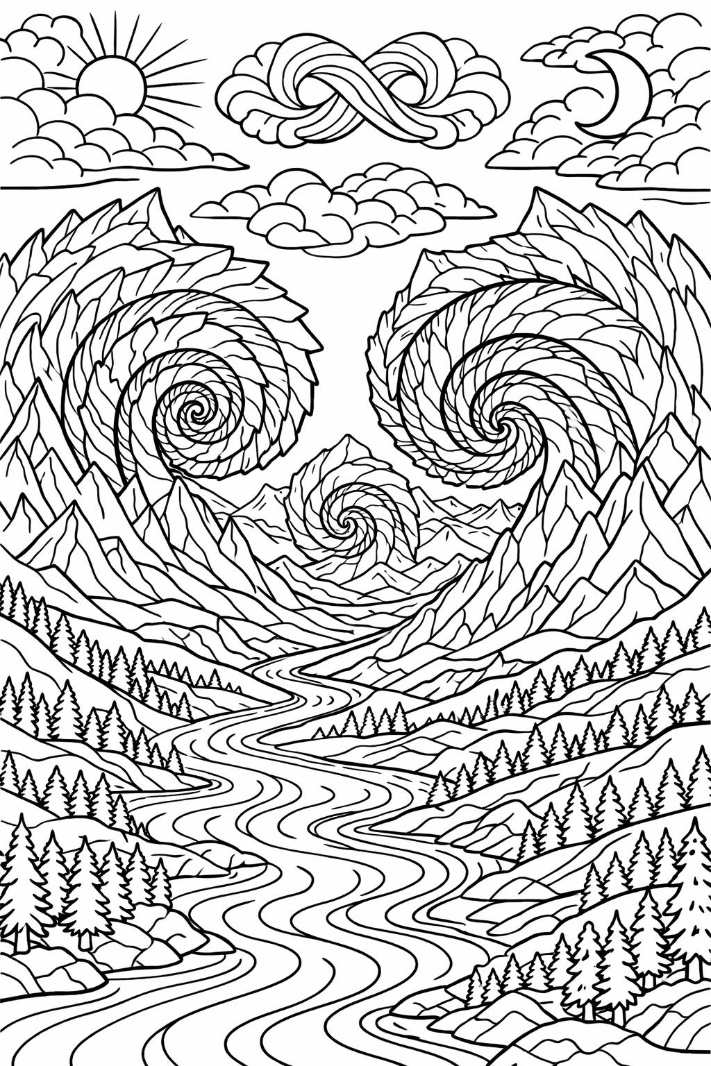 abstract pattern coloring page | swirling psychedelic shapes | creative coloring sheet