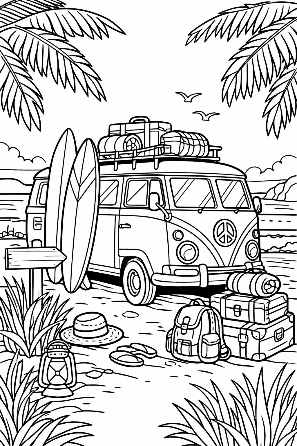 surfing beach day page | sunny seaside illustration | cheerful coloring sheet