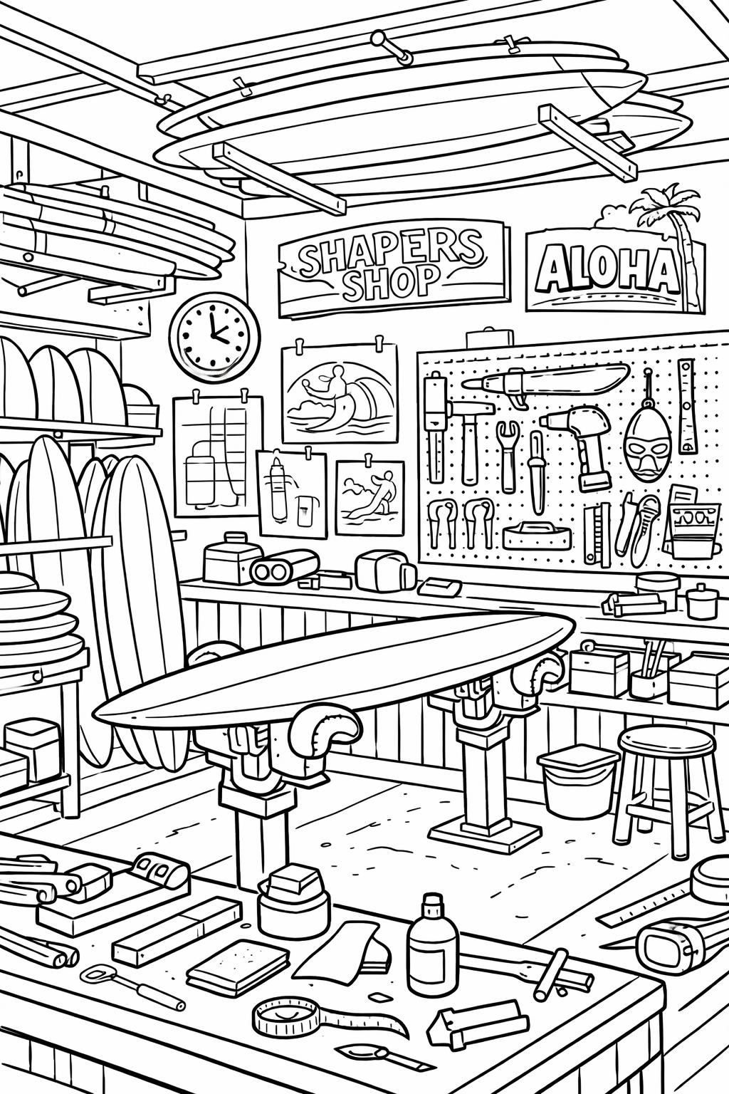 surfing landscape coloring page | scenic coastal view | relaxing nature page