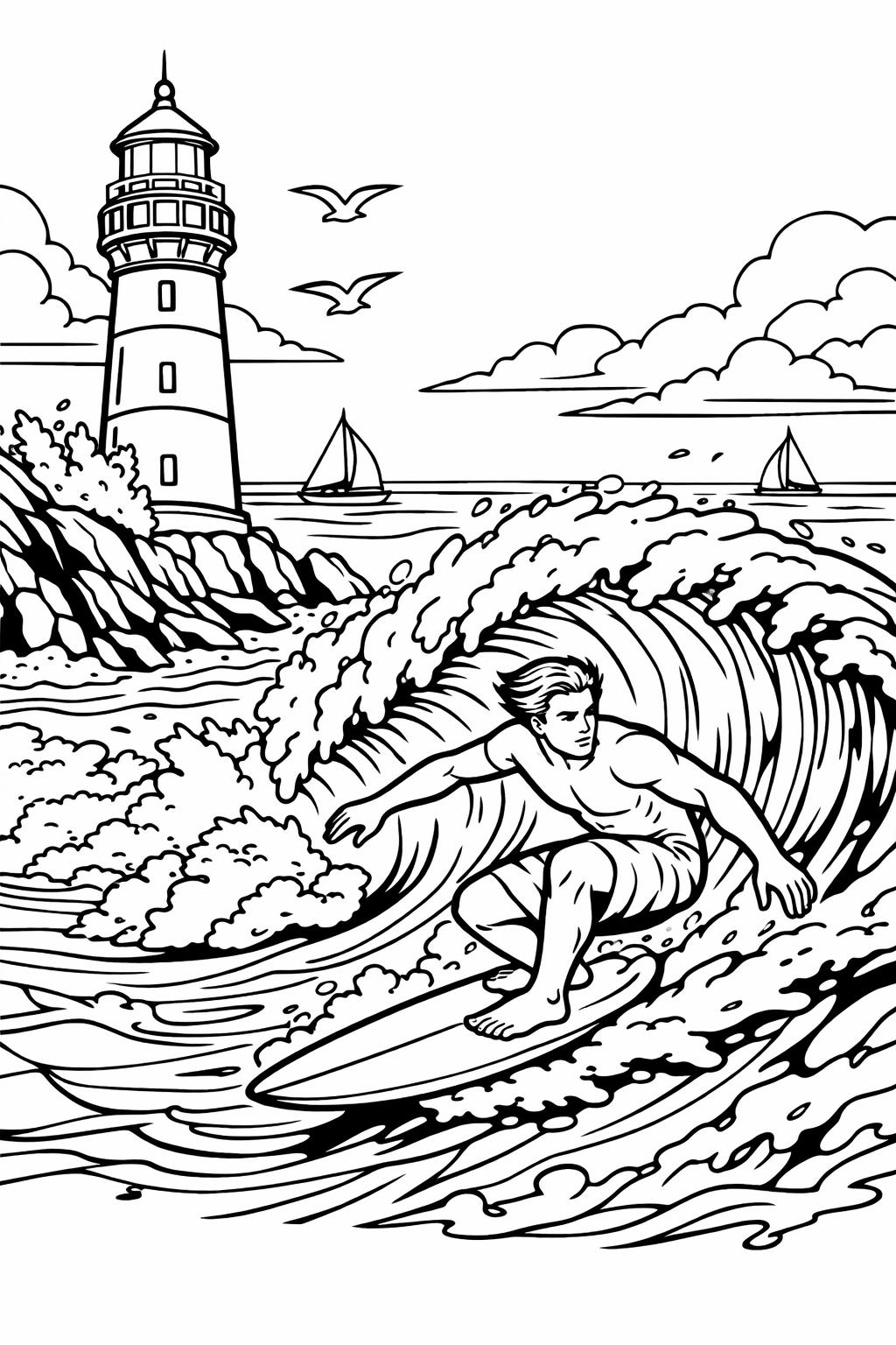 big wave surfing page | thrilling ocean adventure | action coloring artwork