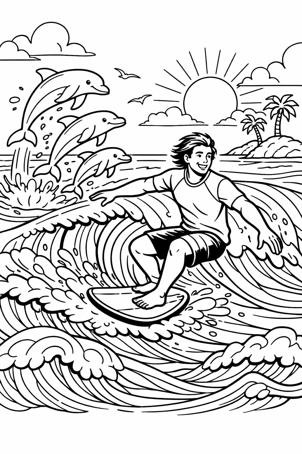 tropical surfing coloring page | island wave scene | summer coloring page