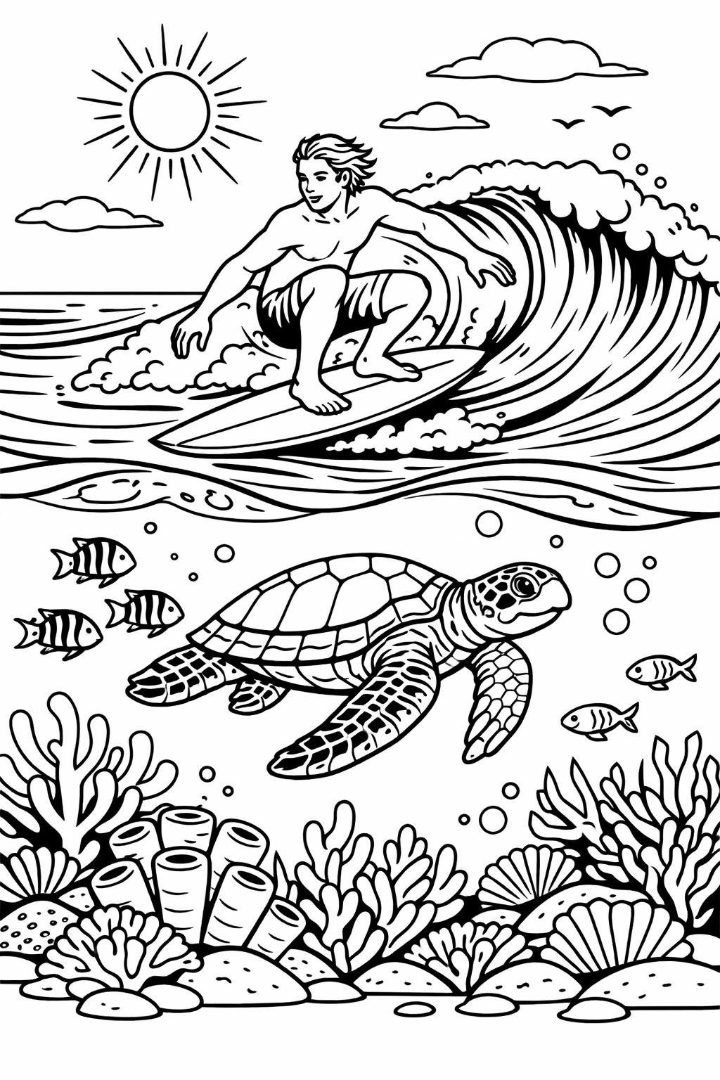 cartoon surfer coloring page | playful surfing character | fun coloring sheet