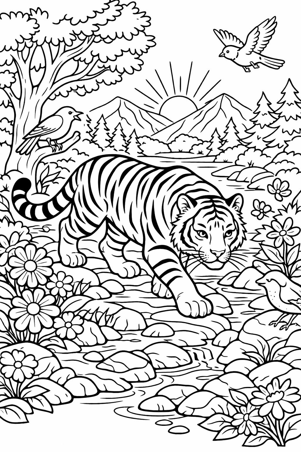 tiger landscape coloring page | scenic jungle artwork | relaxing nature sheet