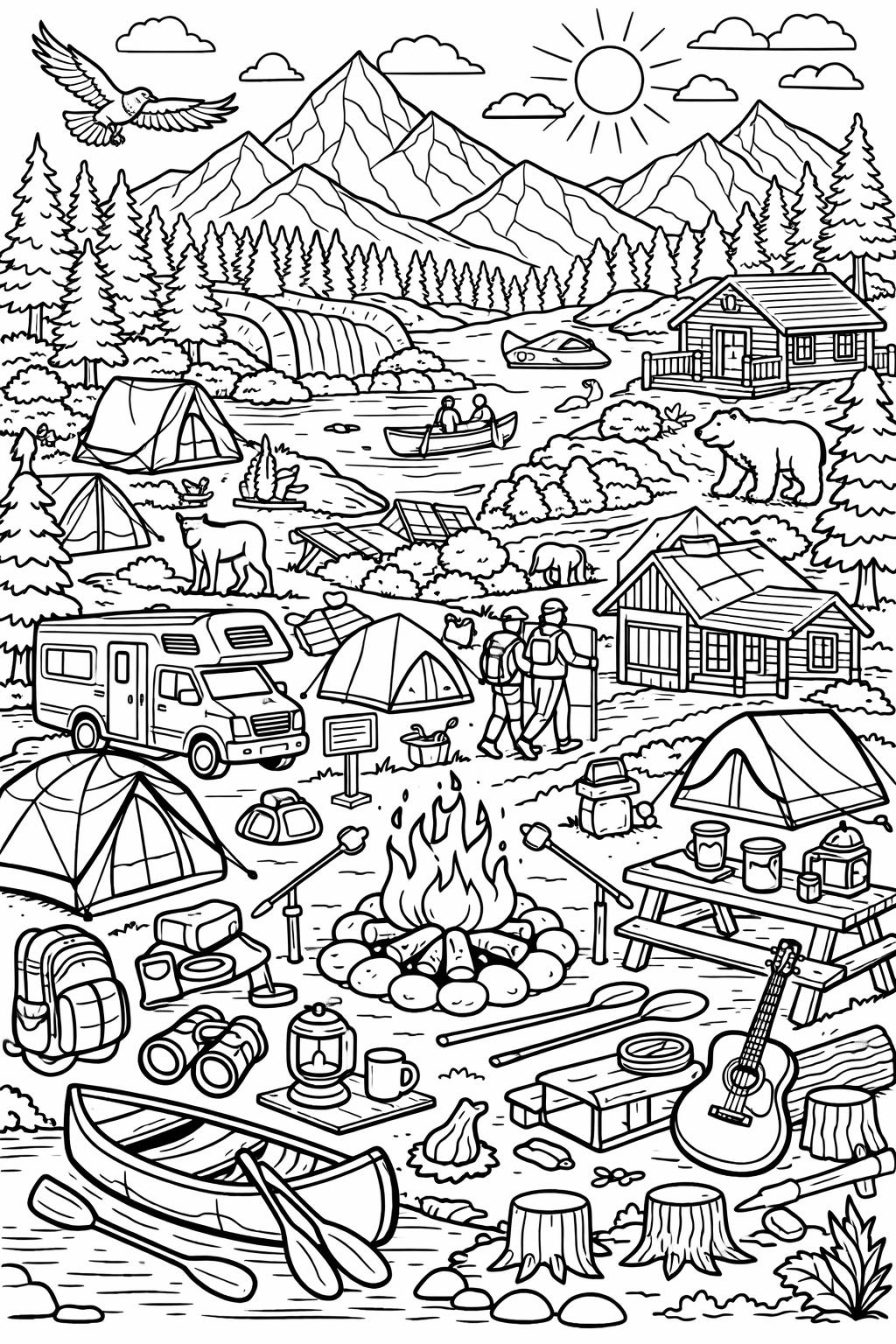 campsite coloring page | tent in the woods | fun outdoor artwork