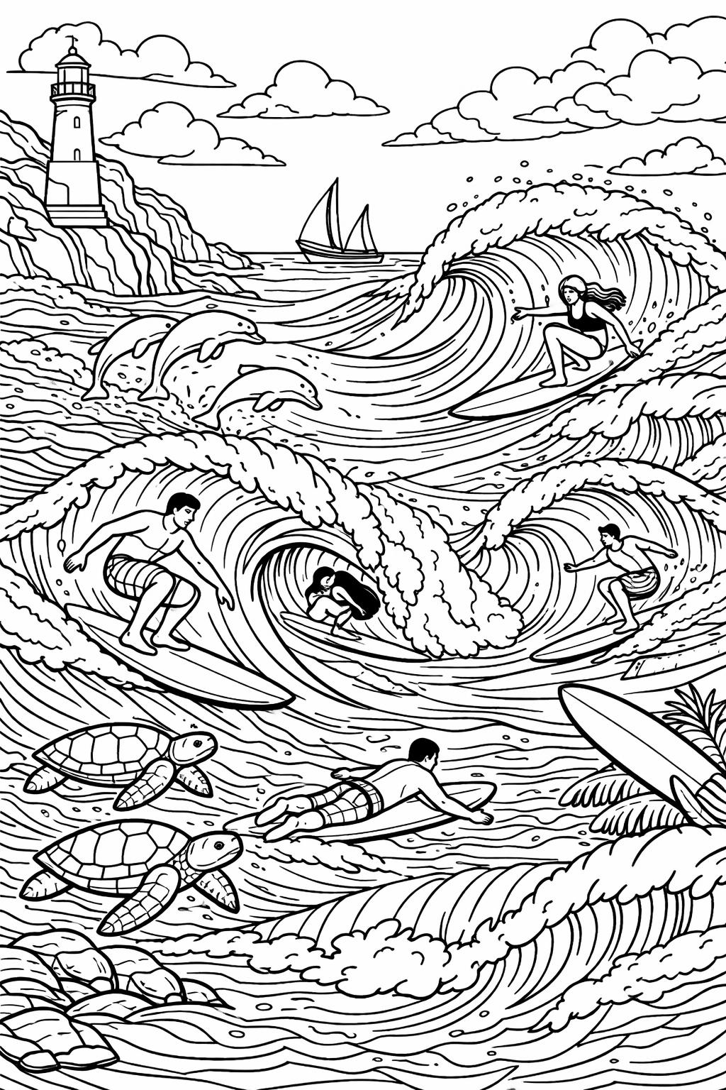 surfboard coloring page | beach sports design | fun summer artwork
