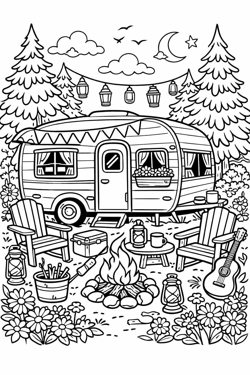 canoe camping coloring page | lakeside adventure illustration | outdoor coloring page