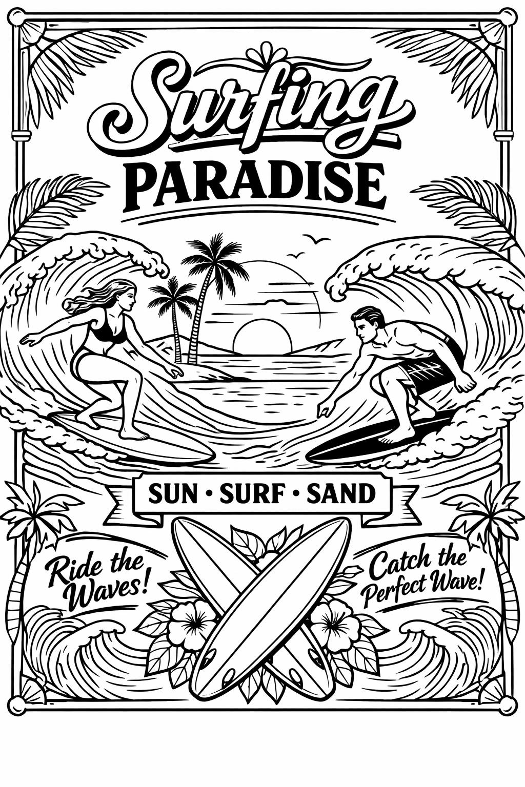 wave surfing coloring page | ocean sports illustration | coastal coloring page