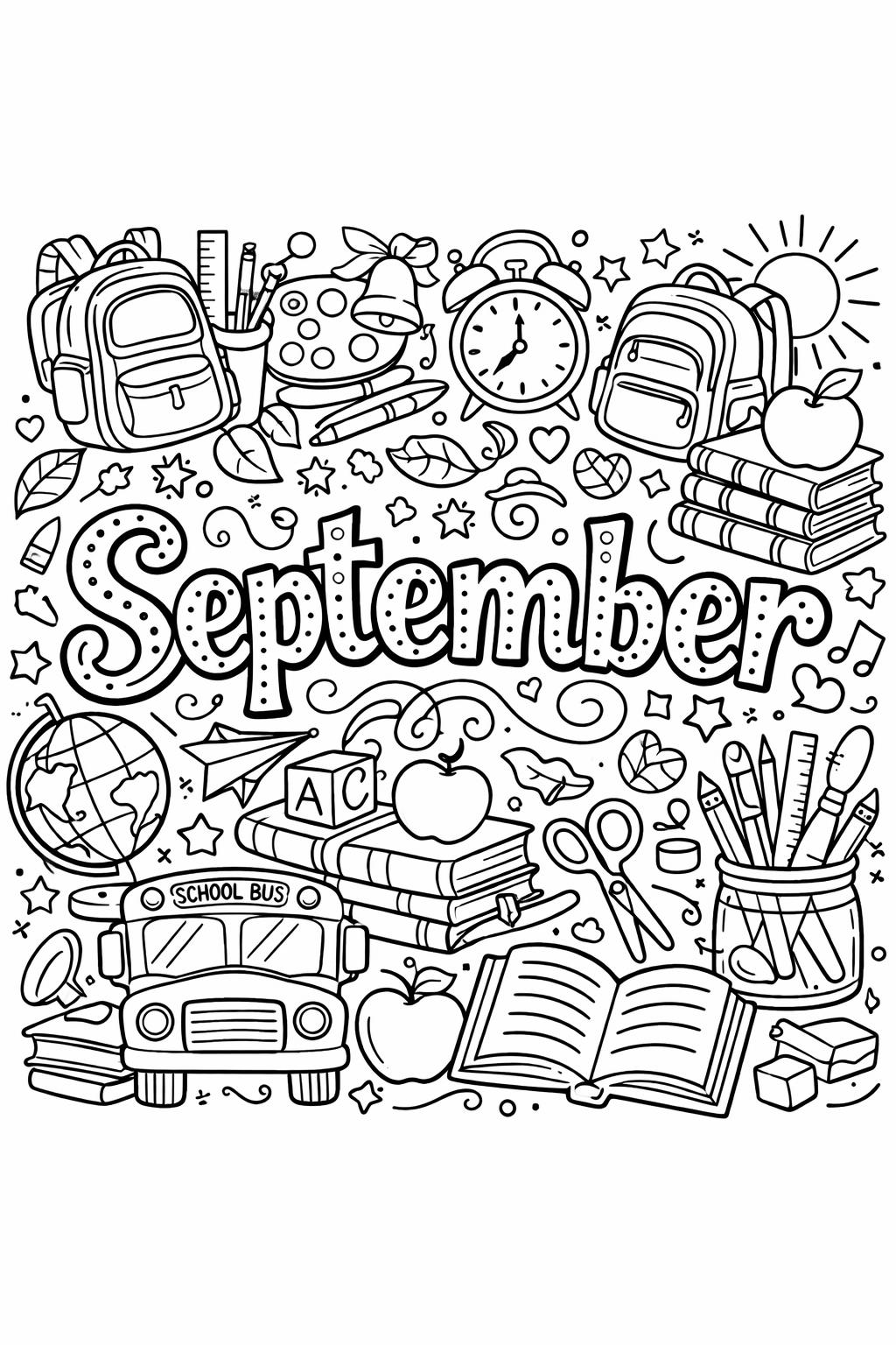 September calendar coloring page | monthly planner illustration | seasonal coloring sheet