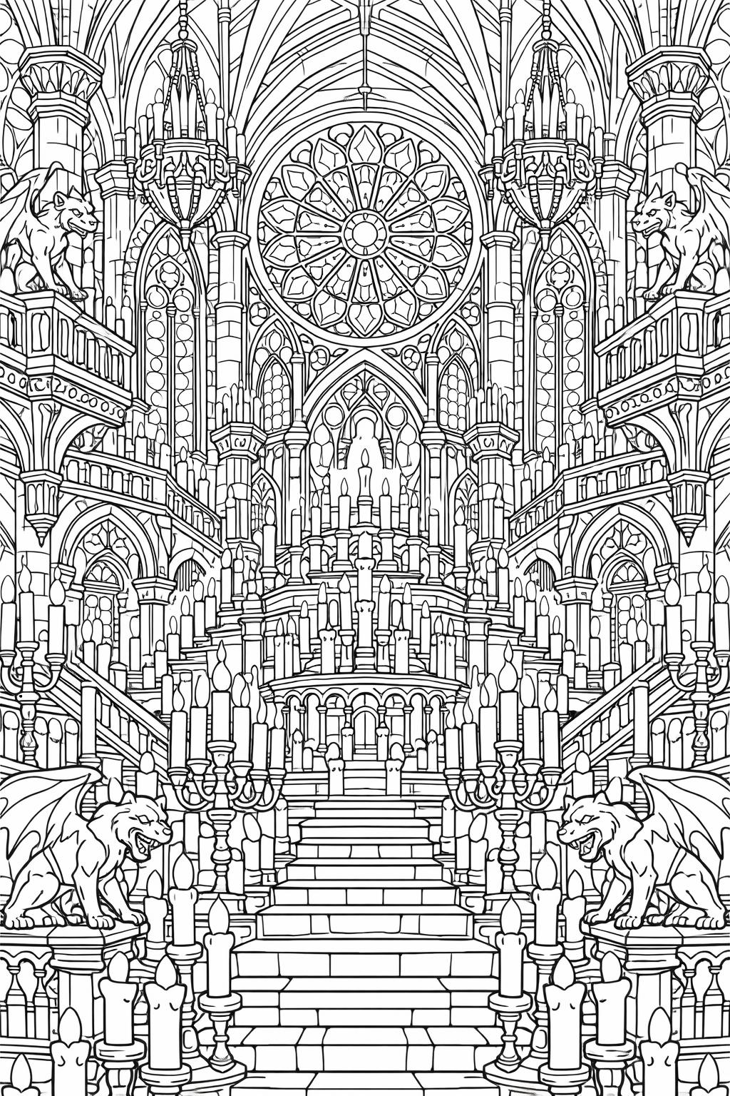 Ornate Gothic cathedral interior with towering arches, a large rose window, and wide candlelit staircases guarded by dragon statues on either side.