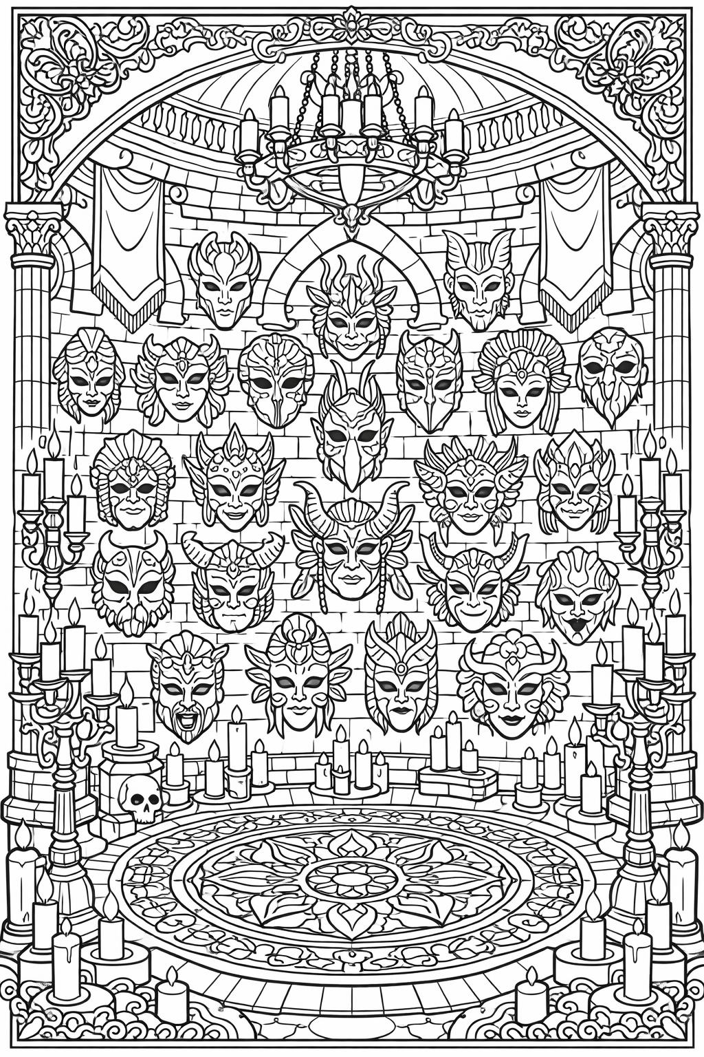 Ornate hall with a wall of ceremonial masks, arches, and a circular patterned floor rug surrounded by candles and columns.