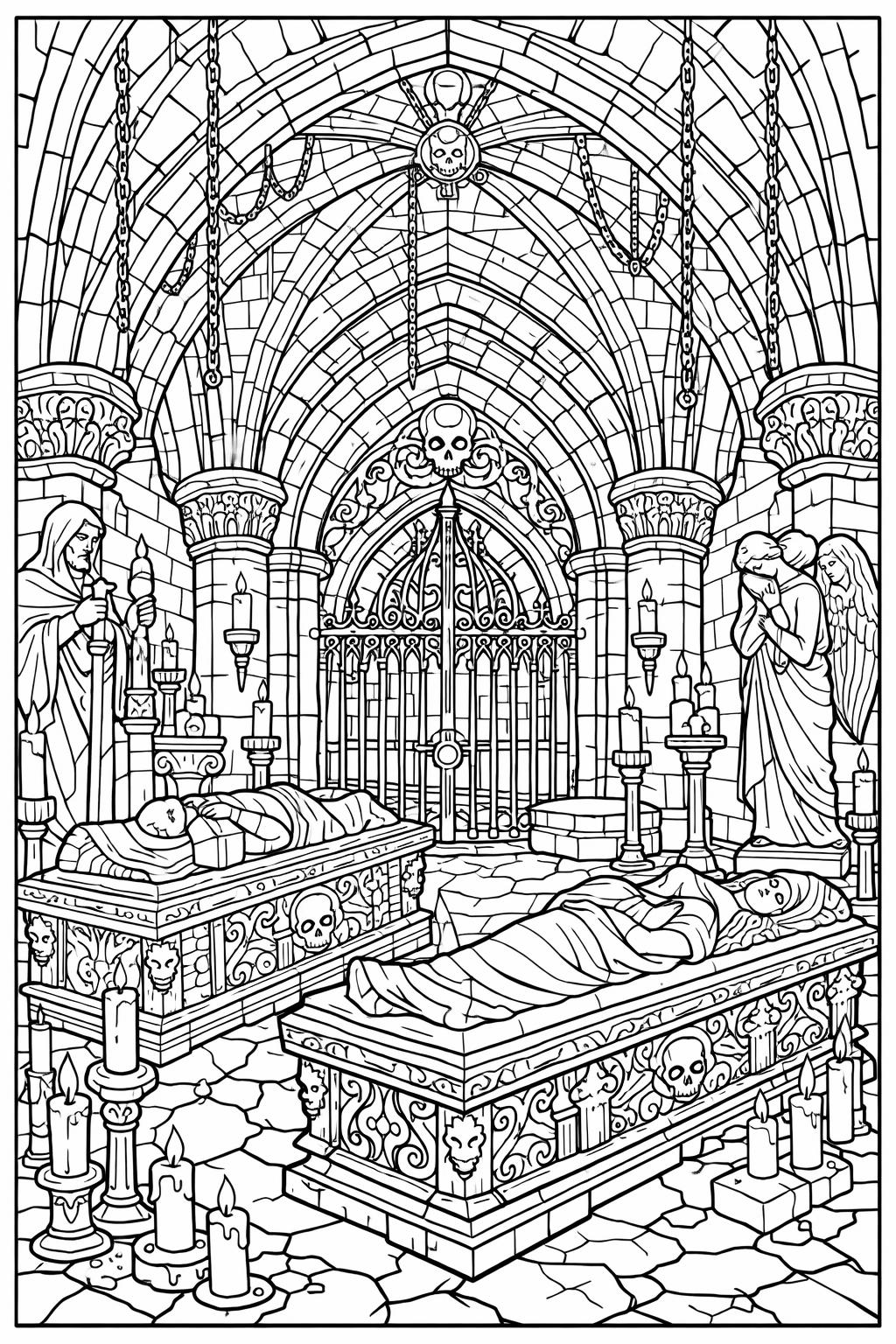 Inside a gothic crypt: two ornate sarcophagi with covered bodies, skull motifs, candles, and angels near a stone arch gate.