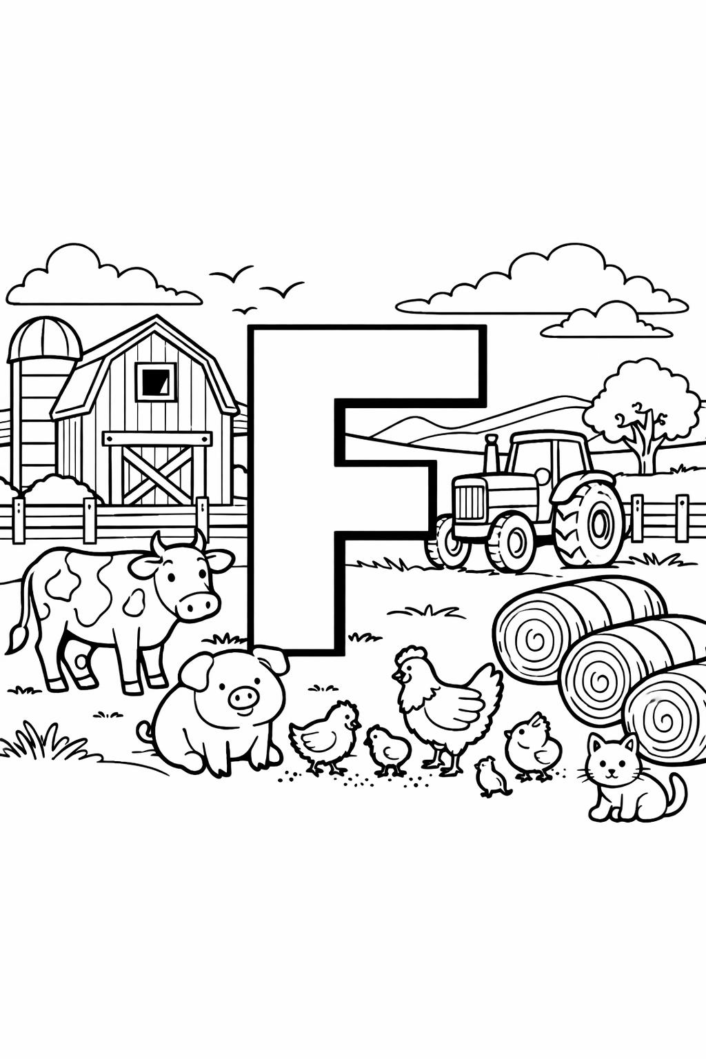 letter F objects page | words that start with F | educational coloring sheet