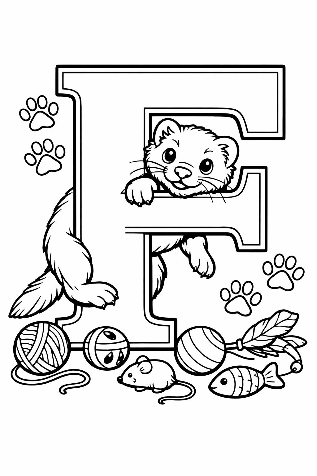 smiling letter F coloring page | cute alphabet illustration | preschool coloring page