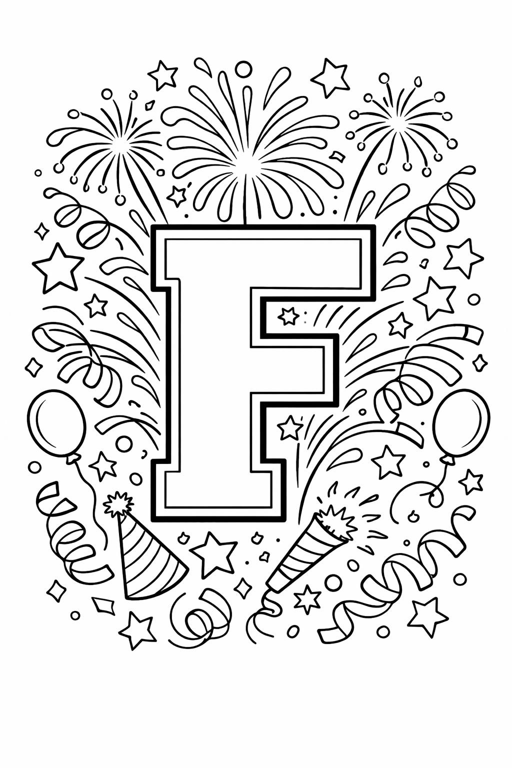 cartoon letter F coloring page | playful alphabet character | fun learning sheet