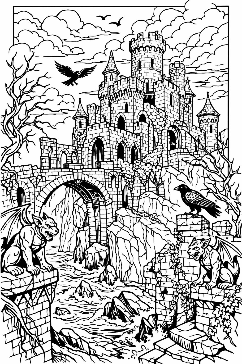Fantasy castle on a rocky promontory with towers, a stone bridge, and a dragon guarding the ruins; ravens fly overhead.