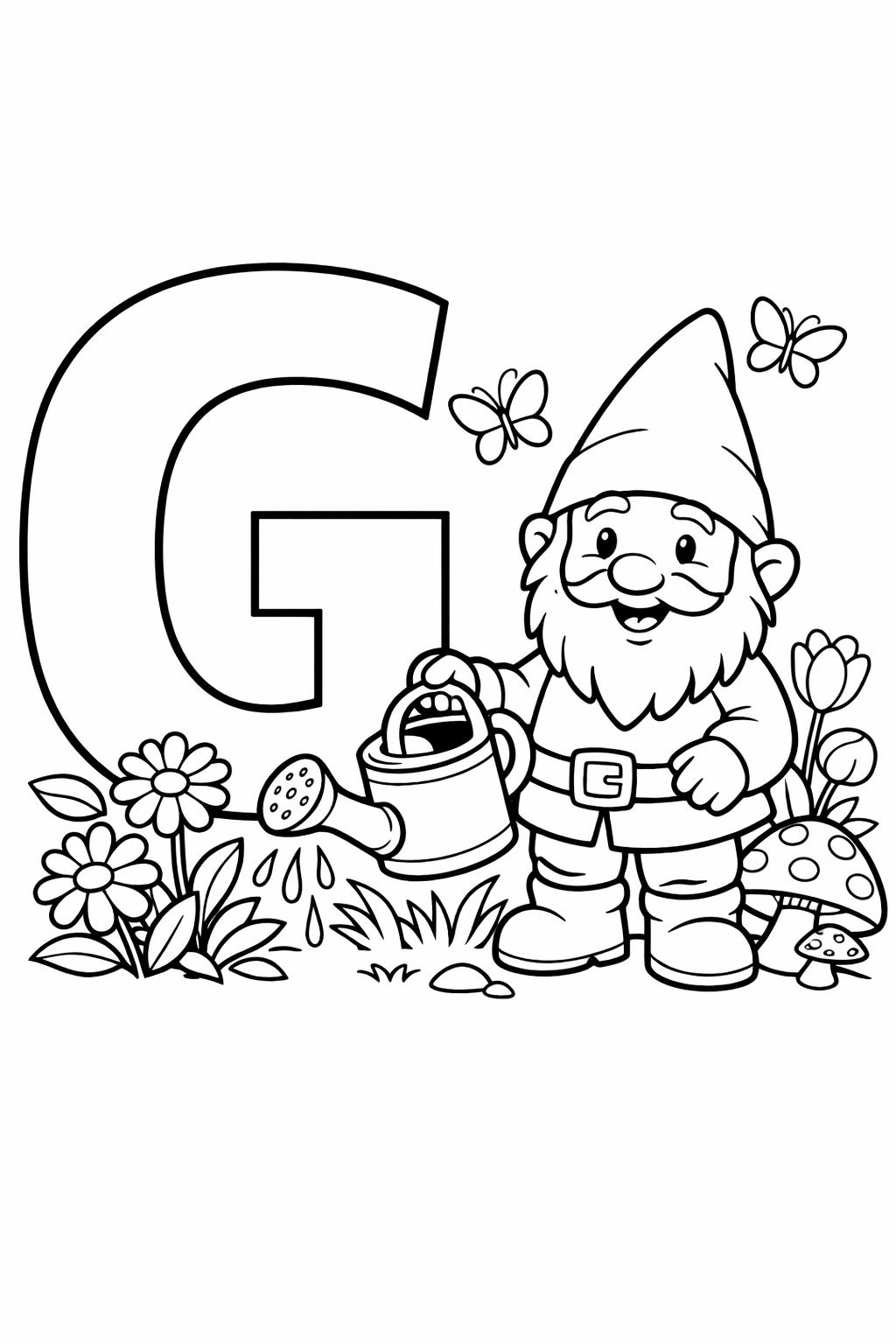 cartoon letter G coloring page | playful alphabet character | fun learning sheet