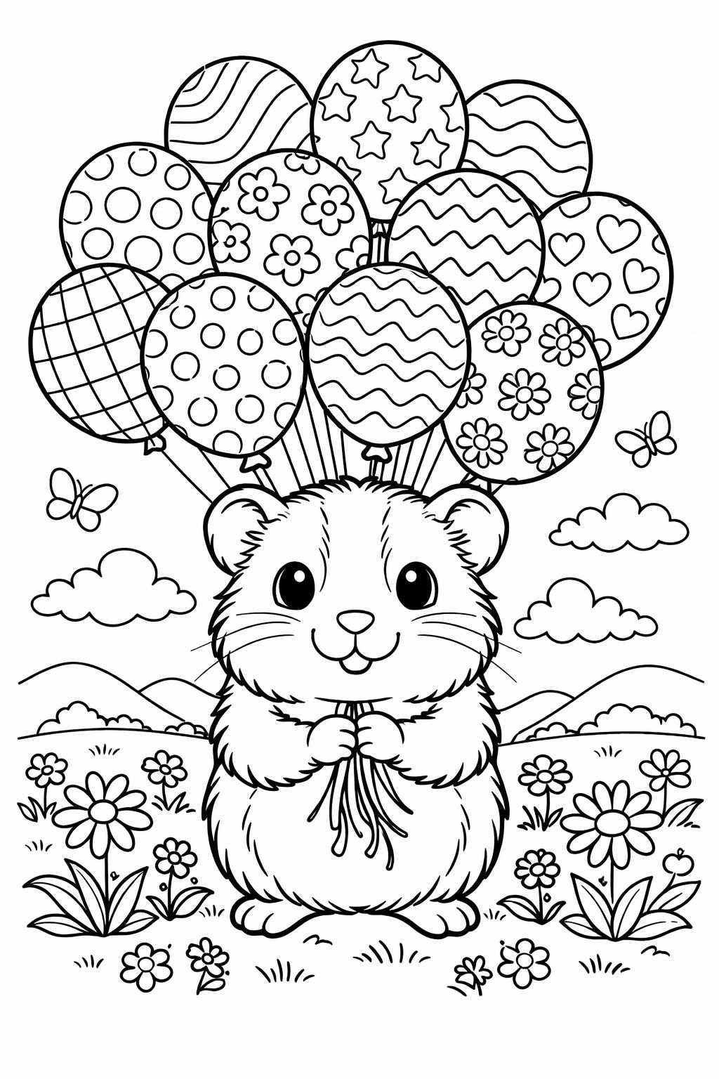 guinea pig with flowers coloring page | floral pet artwork | relaxing coloring sheet